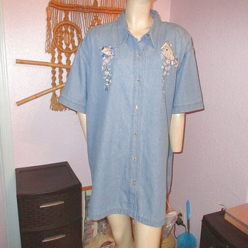 Vtg Passion Denim Button Up Shirt Size 2X Embroidered Birds Floral Short Sleeves